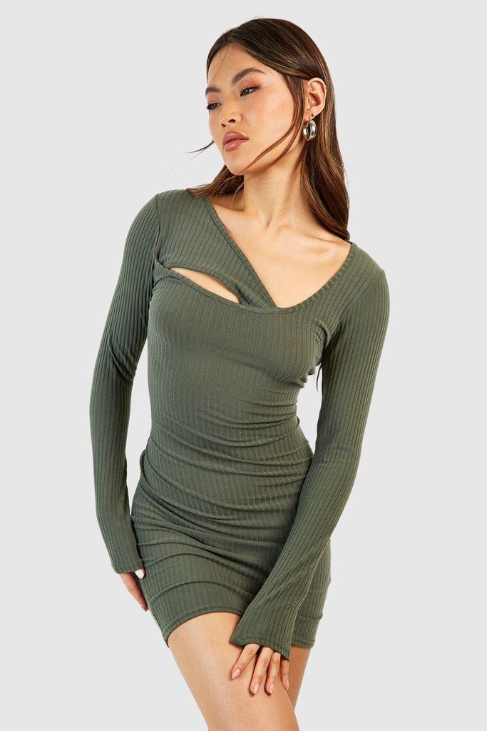 Womens Soft Rib Asymmetric Long Sleeve Mini Dress - Green - 8, Green