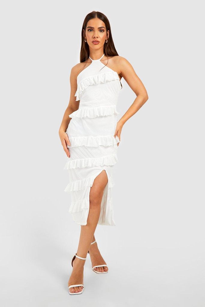 Womens Halterneck Ruffle Midaxi Dress - White - 8, White