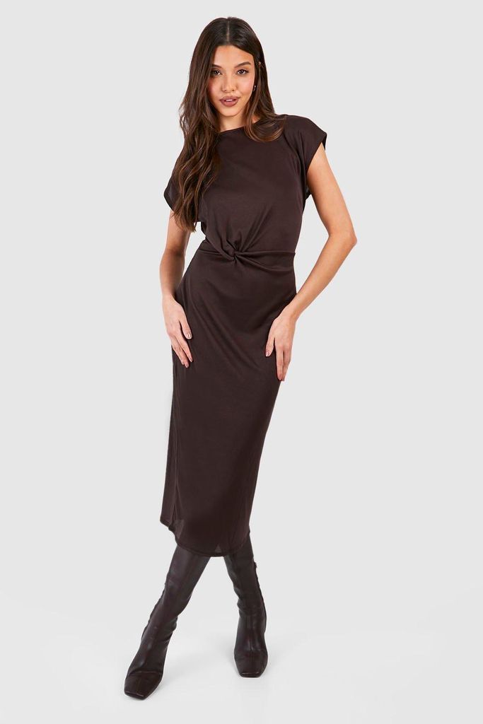 Womens Ribbed Knot Side Detail Midi Dress - Brown - 8, Brown