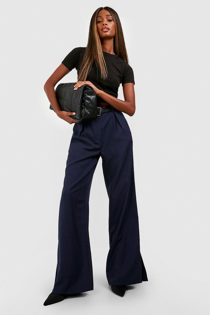 Womens High Waisted Pleat Tailored Split Hem Trousers - Black - 8, Black