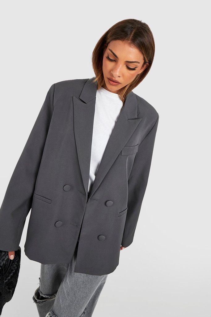 Womens Double Breasted Relaxed Fit Tailored Blazer - Grey - 14, Grey