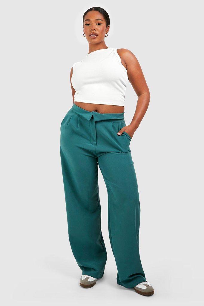 Womens Plus Woven Fold Over Detail Wide Leg Trousers - Green - 16, Green