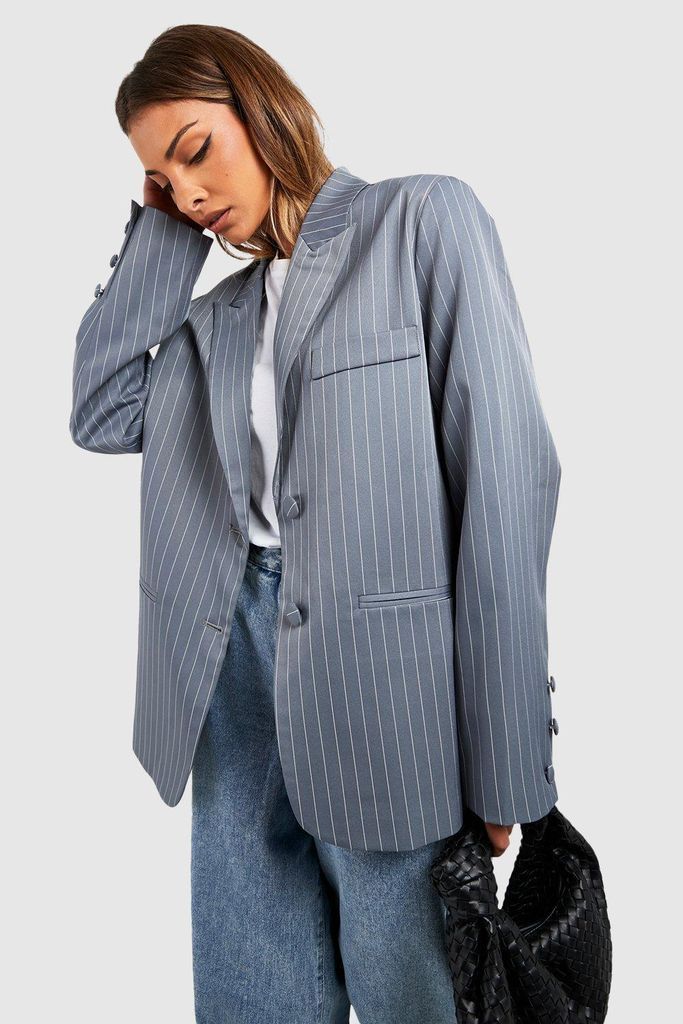 Womens Single Breasted Pinstripe Relaxed Fit Tailored Blazer - Grey - 6, Grey