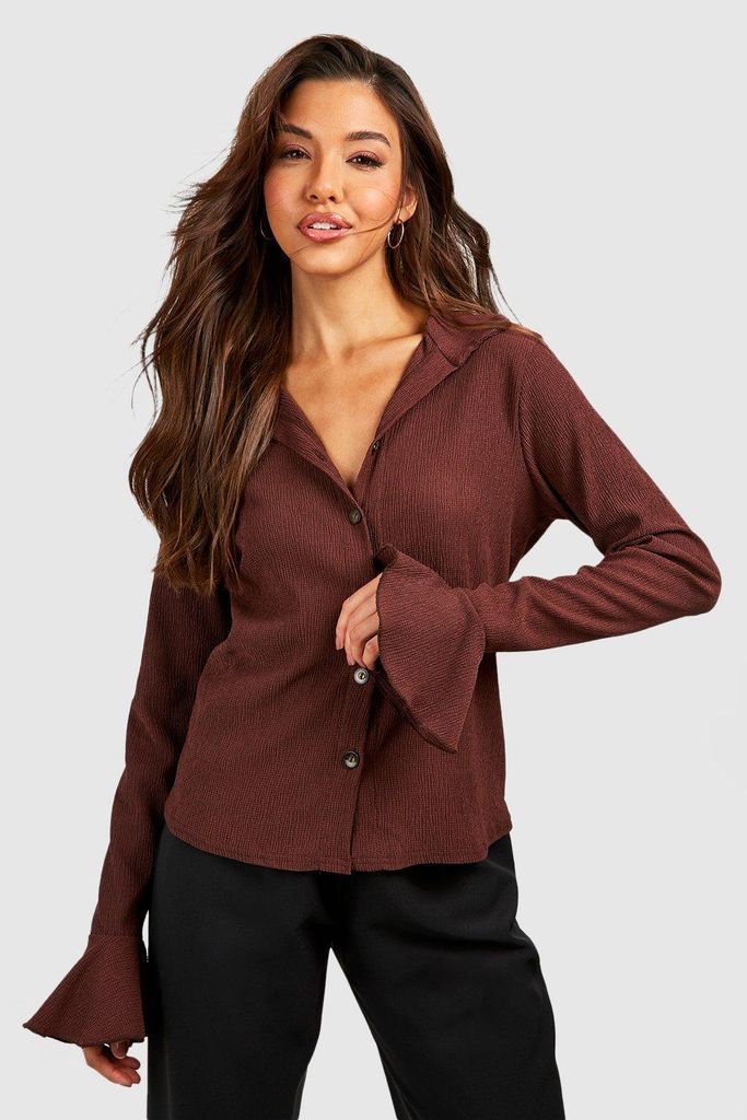 Womens Crinkle Textured Flare Cuff Shirt - Brown - 6, Brown