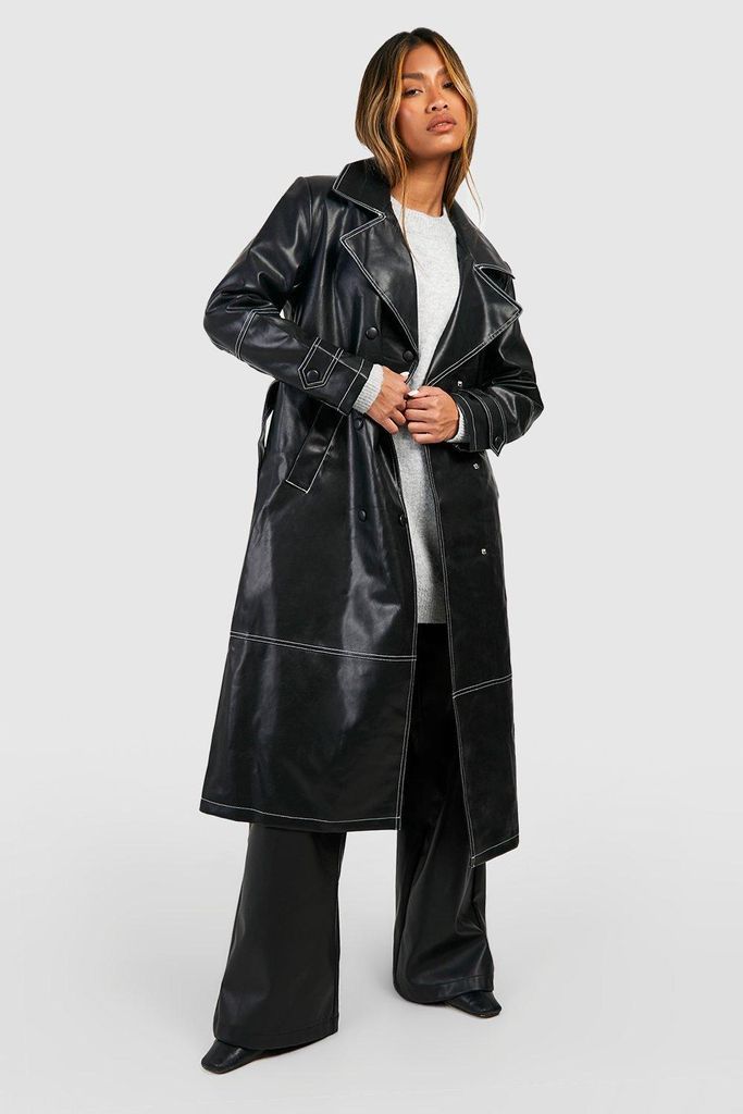 Womens Contrast Stitch Detail Faux Leather Trench Coat - Black - S, Black