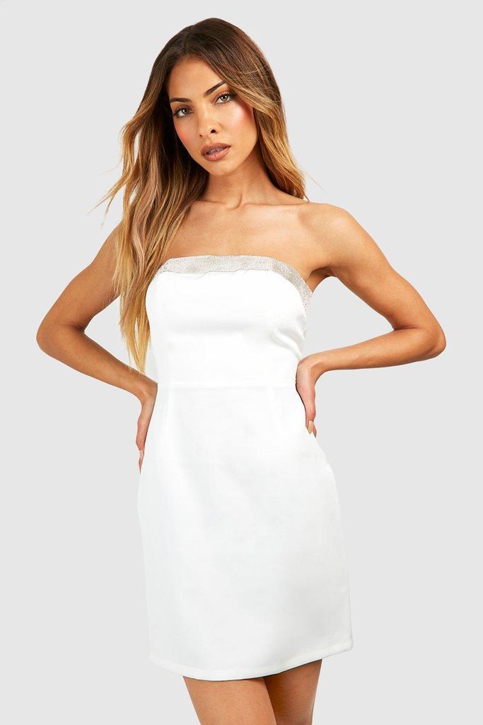 Womens Diamante Detail Bandeau Tailored Mini Dress - White - 10, White