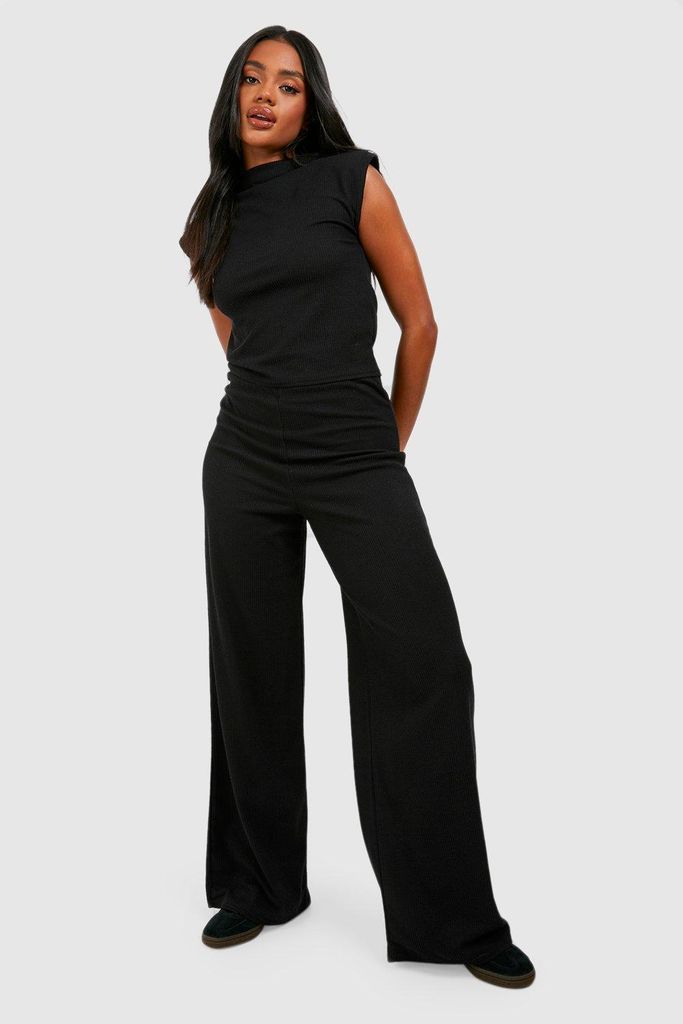 Womens Ribbed Sloughy Wide Leg Trousers - Black - 6, Black
