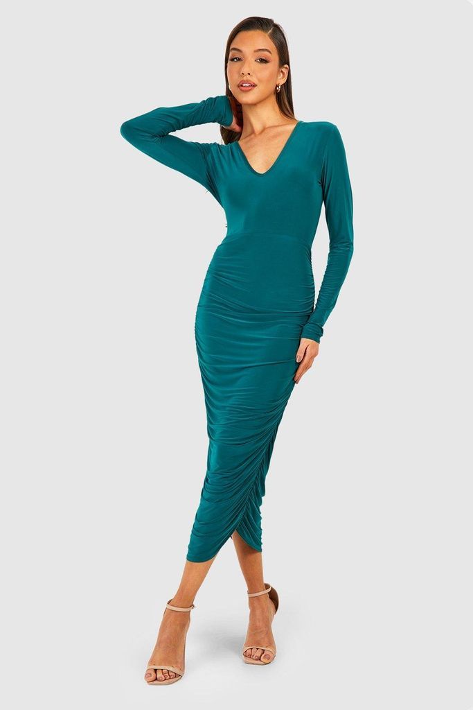 Womens Slinky Plunge Ruched Midaxi Dress - Green - 8, Green