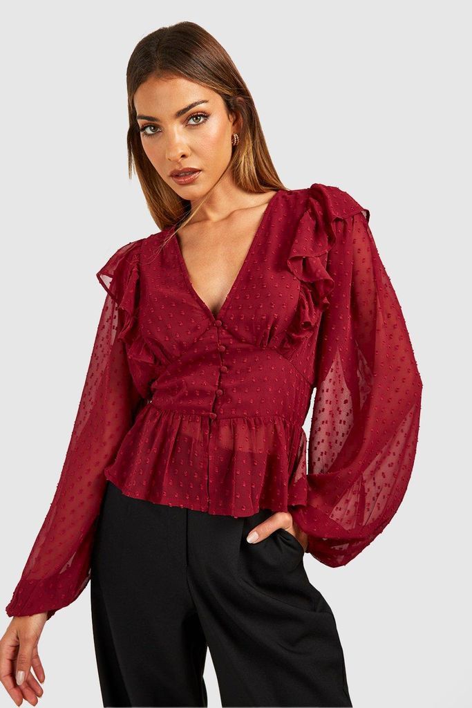 Womens Dobby Button Detail Long Sleeve Blouse - Red - 10, Red