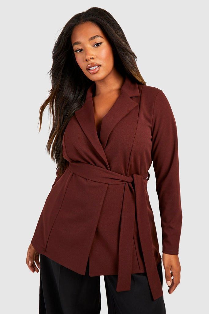 Womens Plus Crepe Belted Long Sleeve Blazer - Brown - 16, Brown