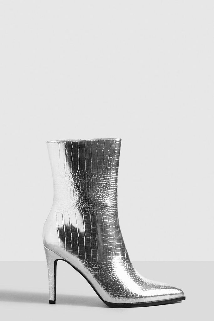 Womens Wide Fit Croc Stiletto Calf Boots - Grey - 5, Grey