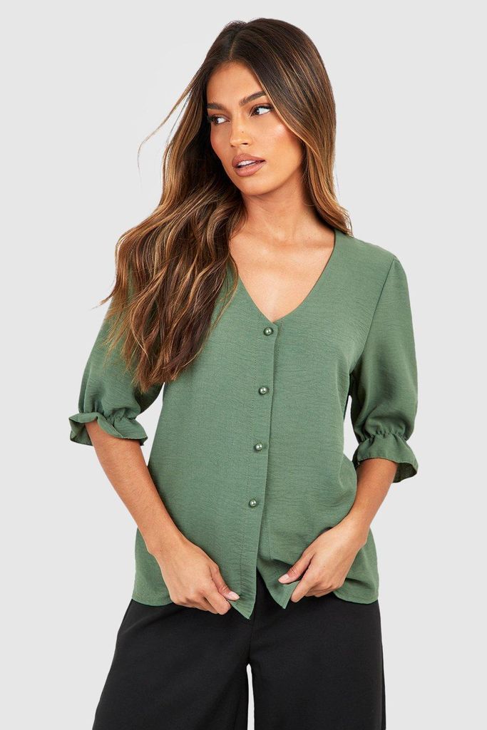 Womens Hammered Puff Sleeve Button Front Blouse - Green - 6, Green