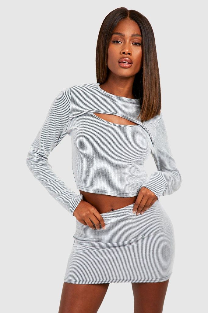 Womens 2 Tone Rib Cut Out Detail Top & Mid Rise Micro Mini Skirt - Grey - 6, Grey