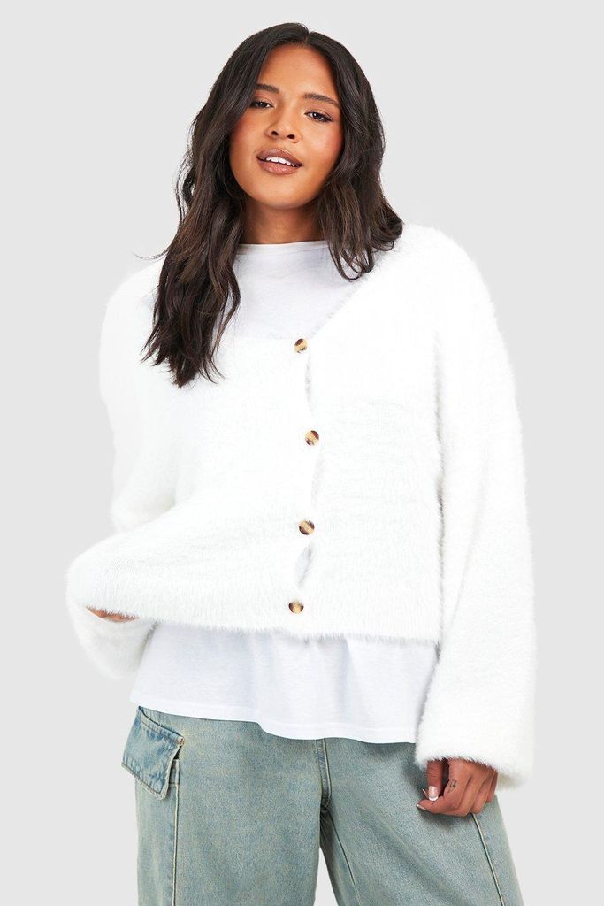 Womens Plus Fluffy Knit Cardigan - White - 24, White