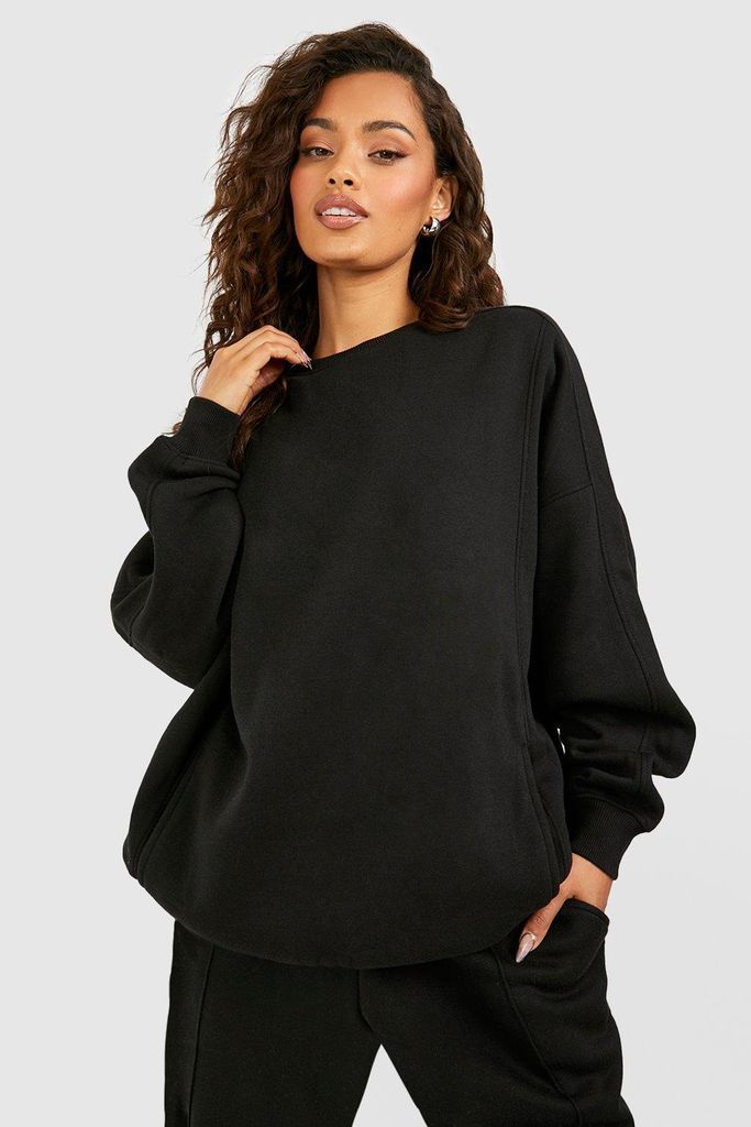 Womens Seam Detail Pocket Detail Crew Neck Oversized Sweatshirt - Black - S, Black
