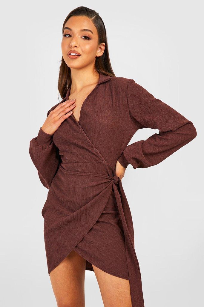Womens Textured Wrap Mini Shirt Dress - Brown - 8, Brown