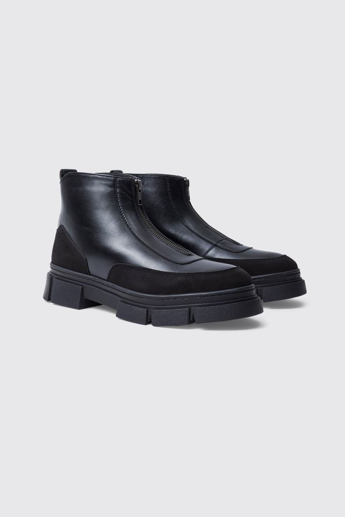 Men's Panel Detail Faux Leather Zip Boots - Black - 9, Black