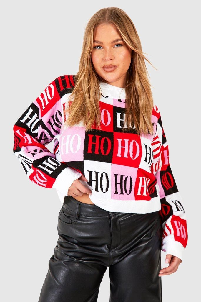 Womens Plus Ho Ho Ho Christmas Cropped Jumper - Red - 18, Red