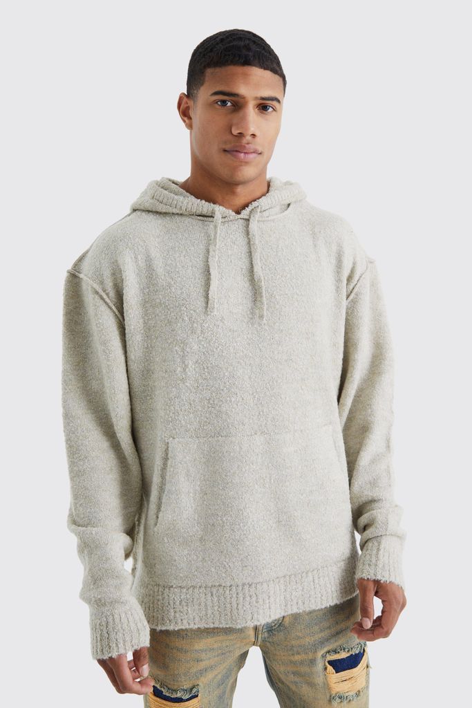 Men's Oversized Boucle Knit Hoodie With Exposed Seams - Beige - Xl, Beige