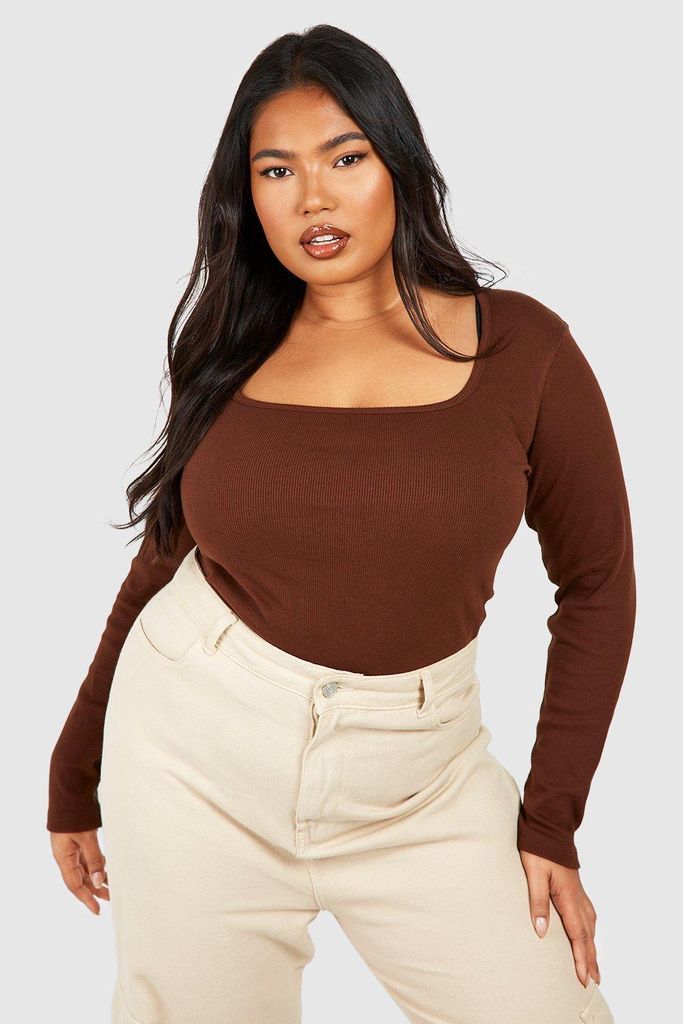 Womens Plus Square Neck Long Sleeve Top - Brown - 24, Brown