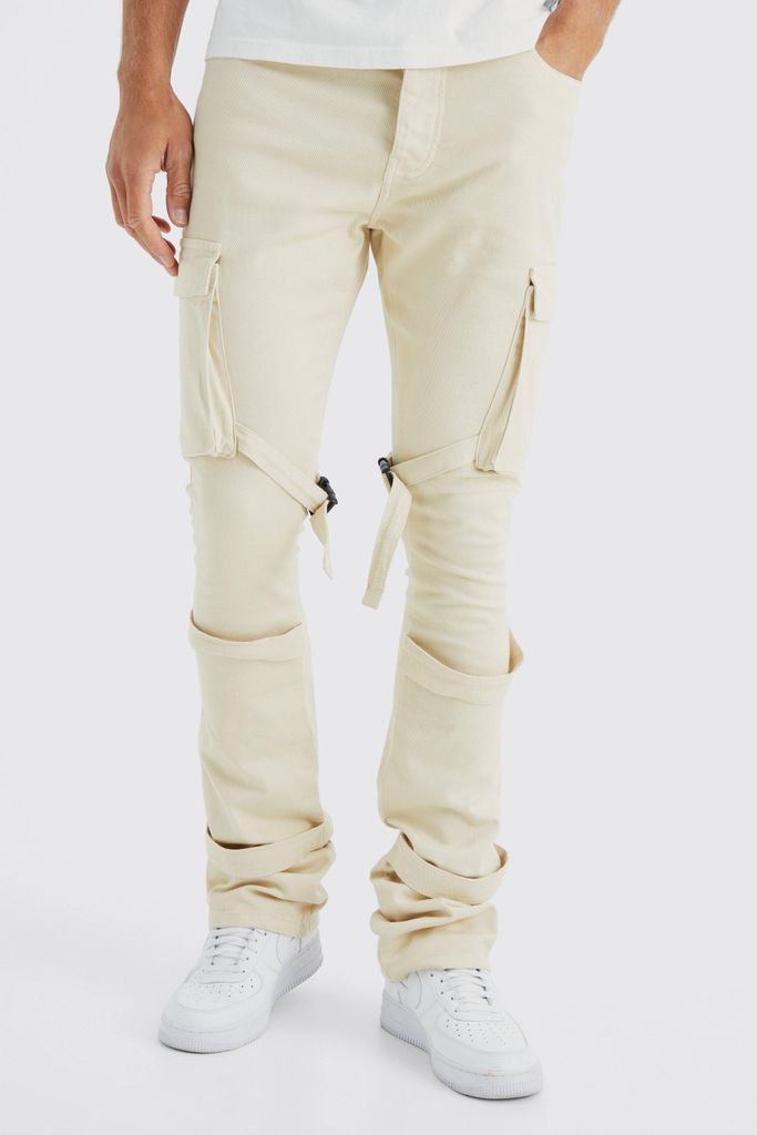 Men's Tall Fixed Waist Skinny Stacked Flare Strap Cargo Trouser - Beige - 32, Beige