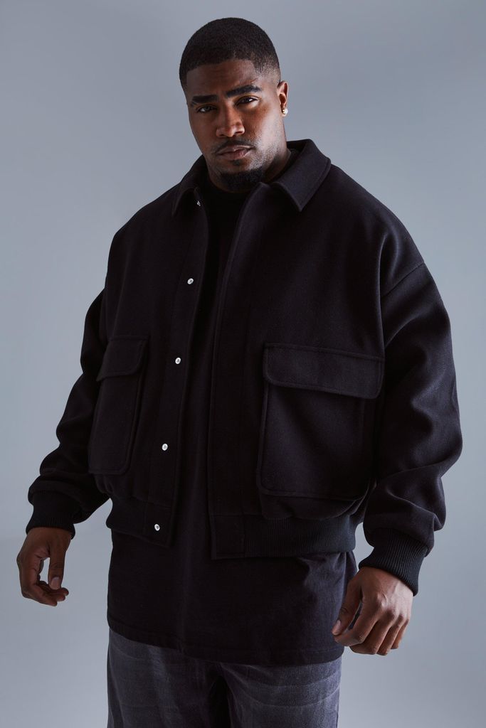 Men's Plus Boxy Wool Look Harrington Jacket In Black - Xxxxxl, Black