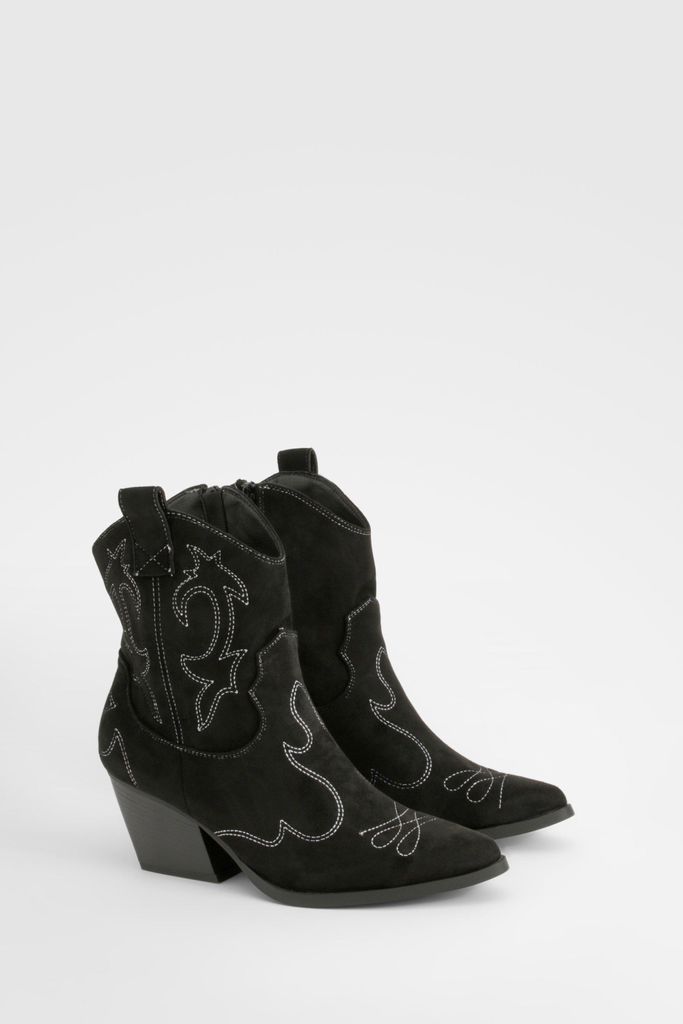 Womens Stitch Detail Western Ankle Boots - Black - 4, Black