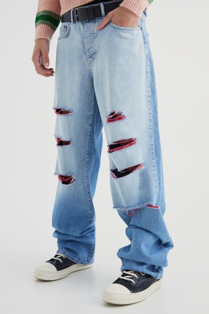 Men's Baggy Rigid Contrast Ripped Jeans - Blue - 30R, Blue