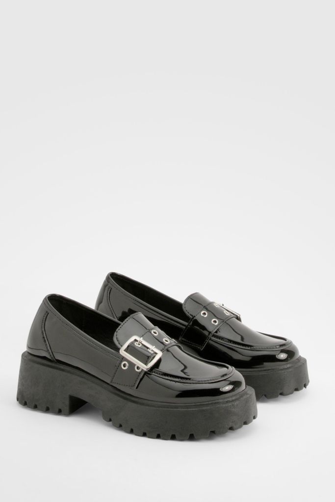 Womens Chunky Sole Patent Buckle Loafers - Black - 3, Black