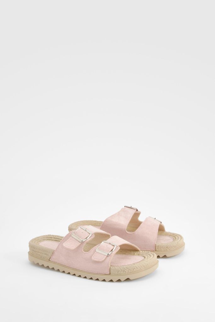 Womens Double Strap Buckle Detail Espadrille Sliders - Pink - 3, Pink