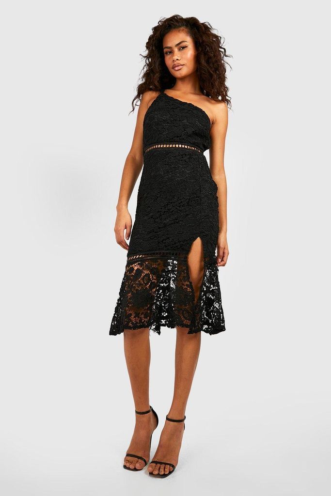 Womens Lace One Shoulder Frill Hem Midi Dress - Black - 16, Black