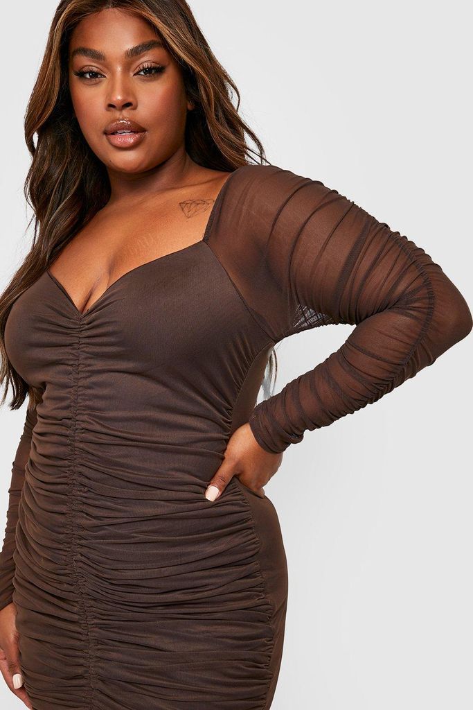 Womens Plus Ruched Mesh Long Sleeve Mini Dress - Brown - 26, Brown