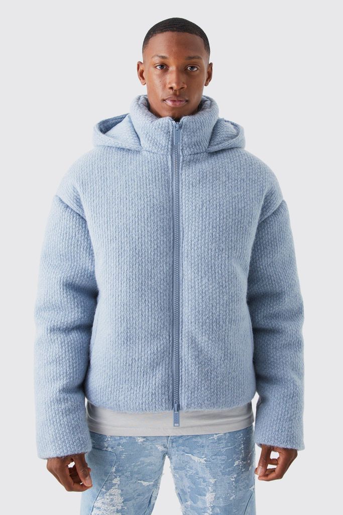 Men's Heavyweight Brushed Knitted Puffer With Hood - Blue - Xs, Blue