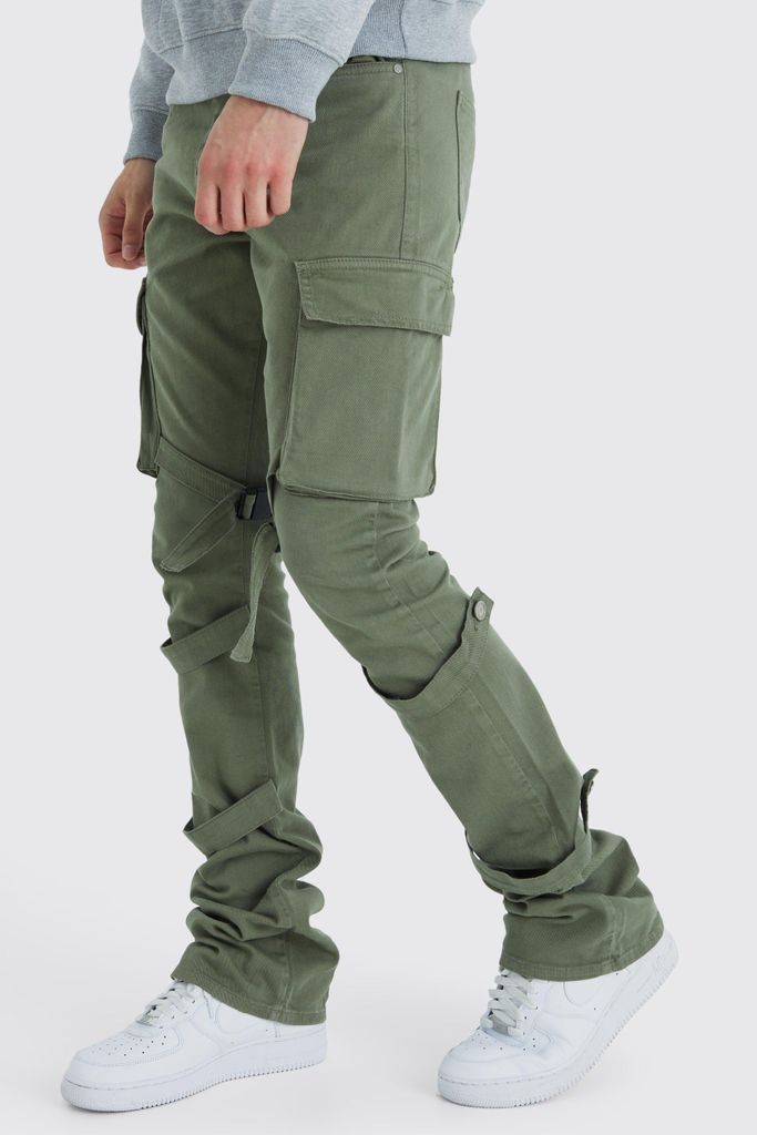 Men's Tall Fixed Waist Skinny Stacked Flare Strap Cargo Trouser - Green - 32, Green