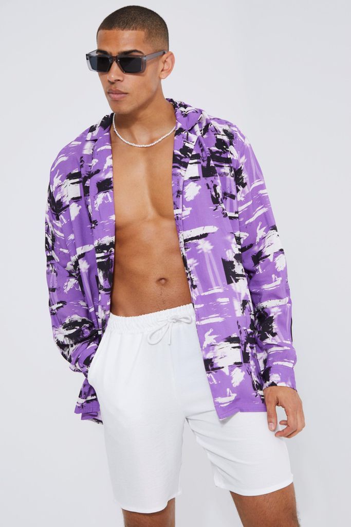 Men's Long Sleeve Oversized Viscose Abstract Brush Shirt - Purple - Xs, Purple