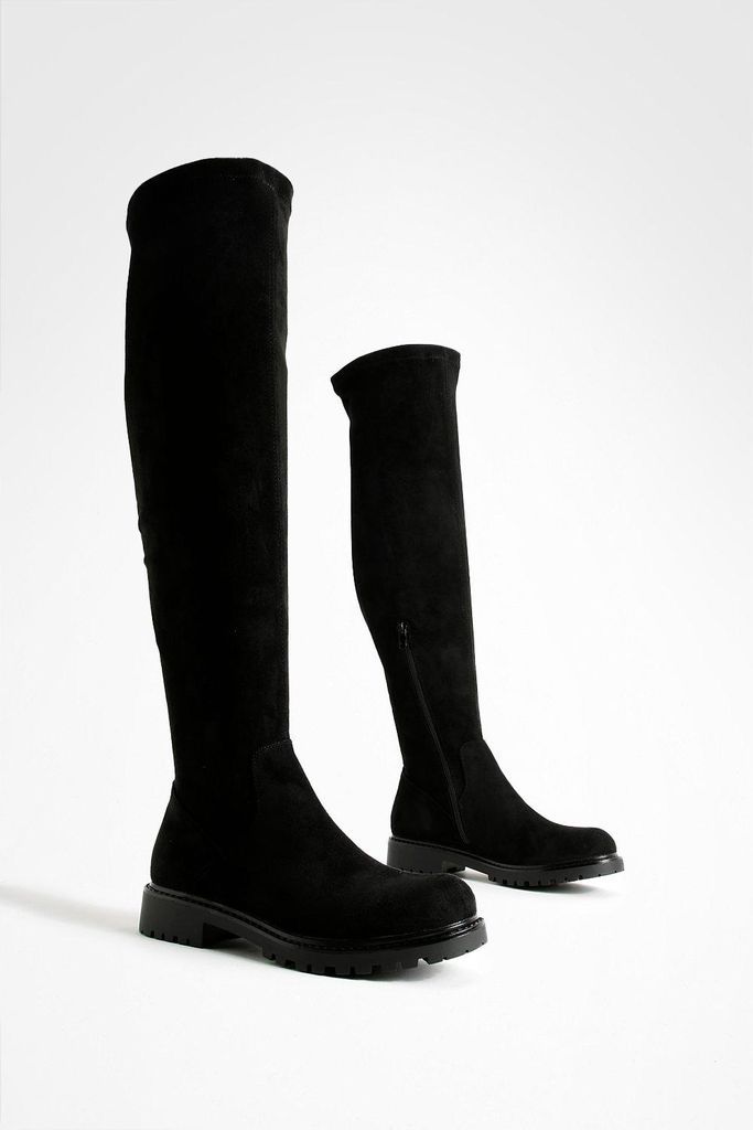 Womens Cleated Sole Stretch Knee High Boots - Black - 5, Black