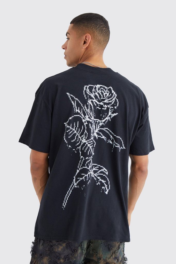 Men's Oversized Stencil Rose Graphic T-Shirt - Black - L, Black