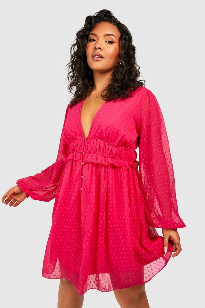 Womens Plus Dobby Mesh Ruffle Smock Dress - Pink - 16, Pink