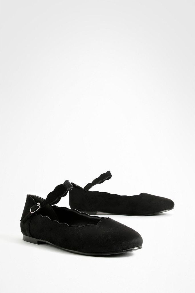 Womens Wide Fit Scallop Edge Ballet Flats - Black - 6, Black