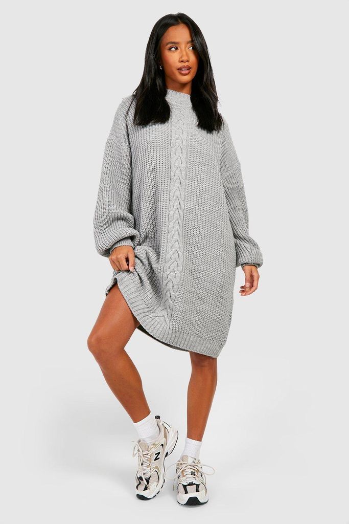 Womens Petite Cable Knit Dress - Grey - 14, Grey