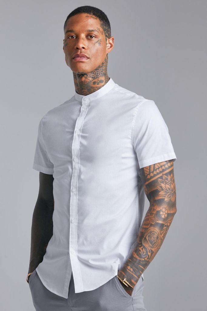 Men's Short Sleeve Grandad Stretch Fit Shirt - White - M, White