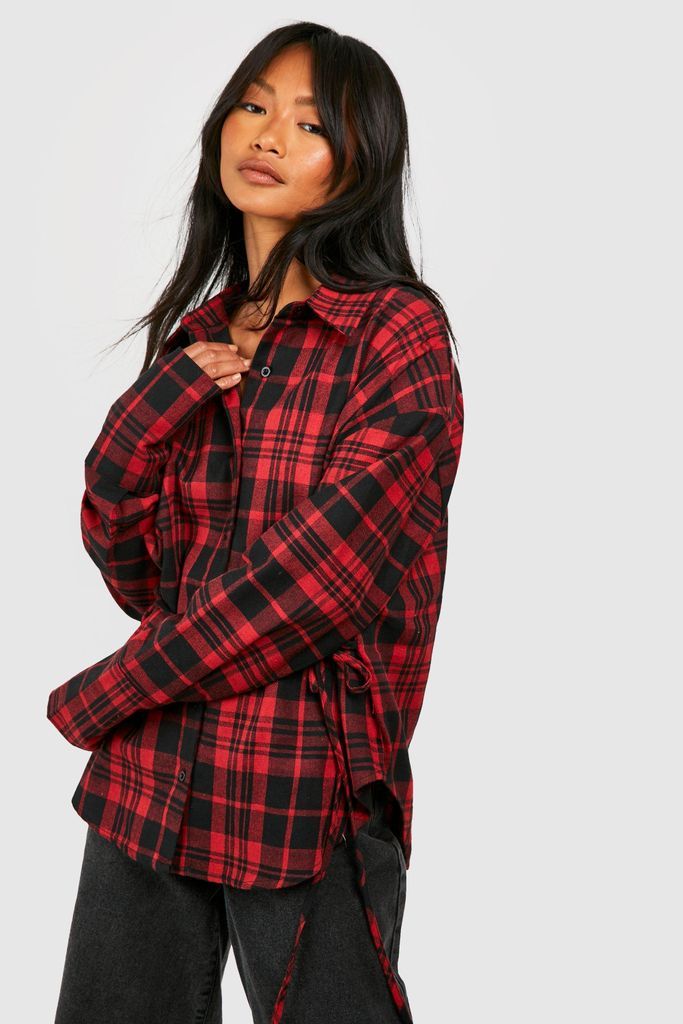 Womens Check Deep Cuff Oversized Shirt - Red - 16, Red