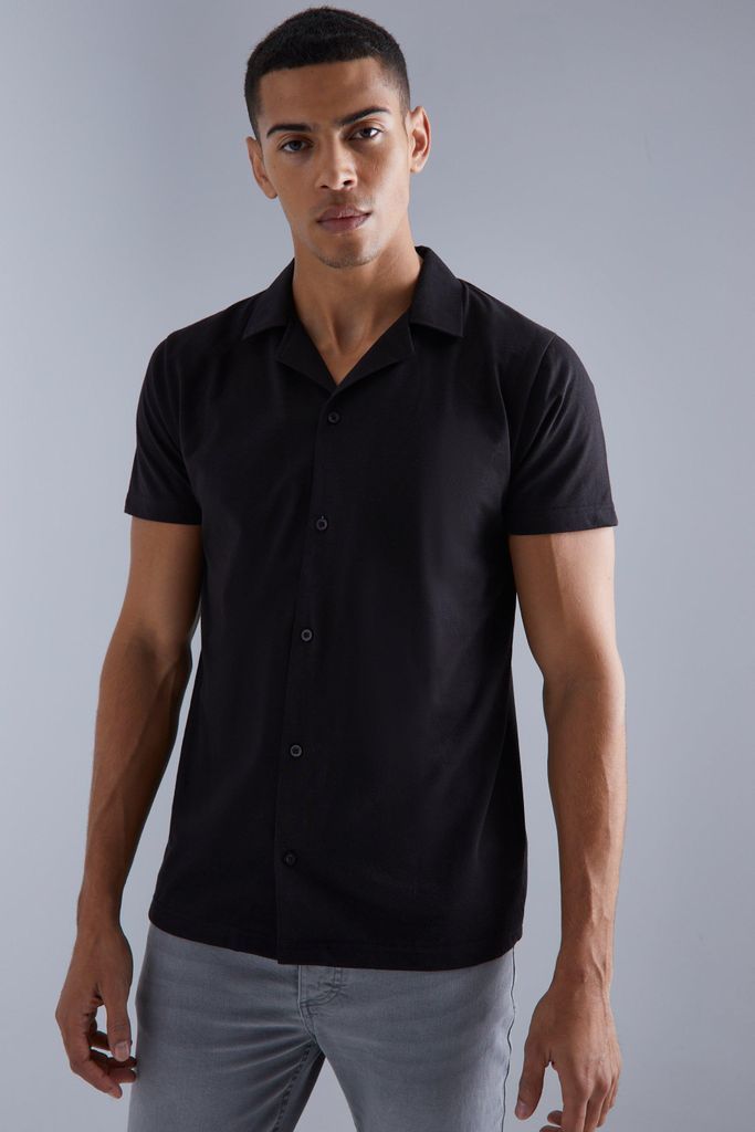 Men's Short Sleeve Jersey Revere Slim Fit Shirt - Black - S, Black