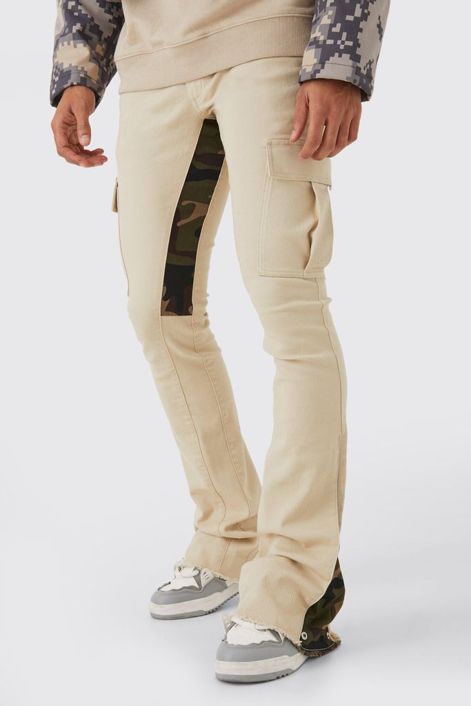 Men's Skinny Stacked Flare Camo Gusset Cargo Trouser - Beige - 34, Beige