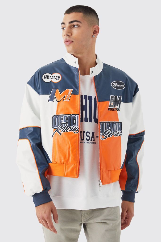 Men's Boxy Pu Multi Badge Moto Jacket - Orange - L, Orange