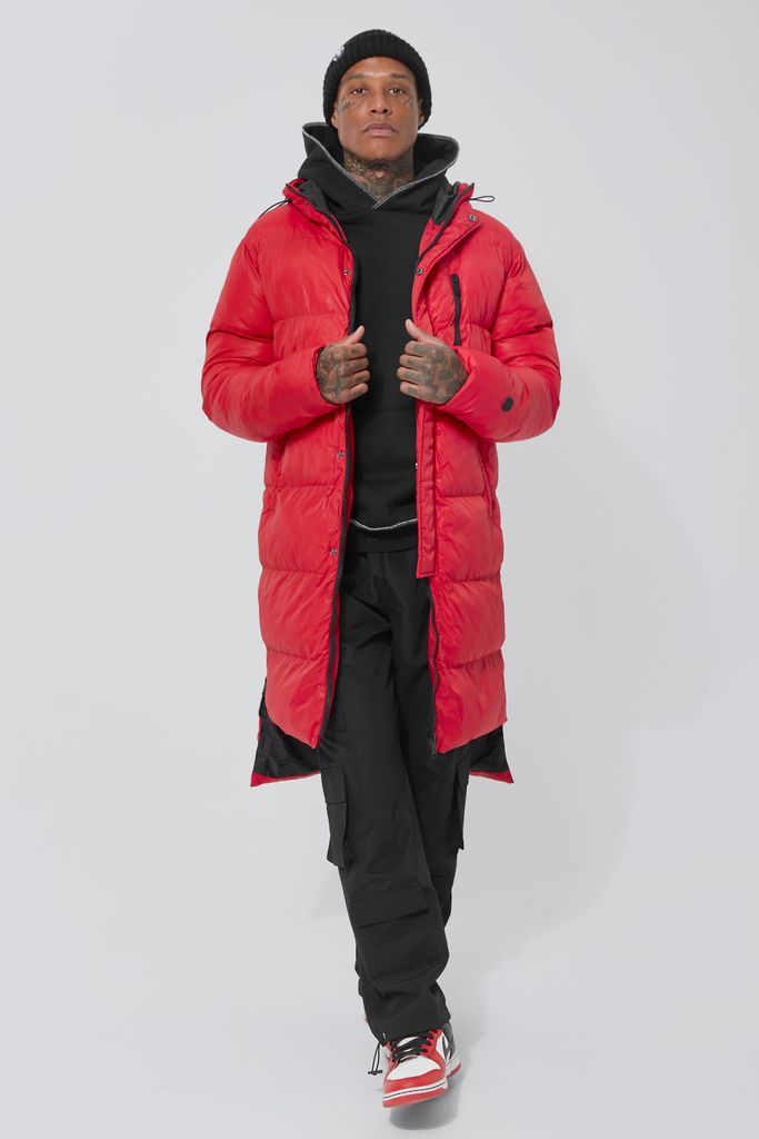 Men's Longline Puffer With Drop Back Hem - Red - Xs, Red