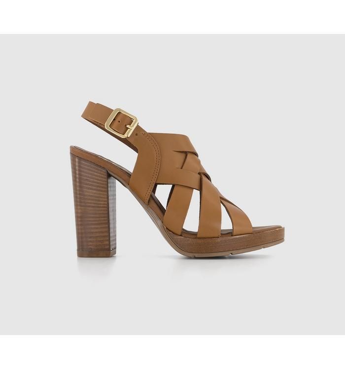 Holiday Woven Upper Wooden Block Heels Tan Leather