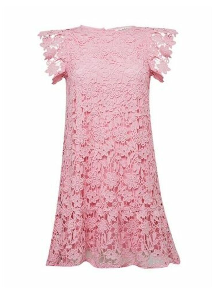 Womens Pink Tiered Lace Mini Dress, BRIGHT PINK
