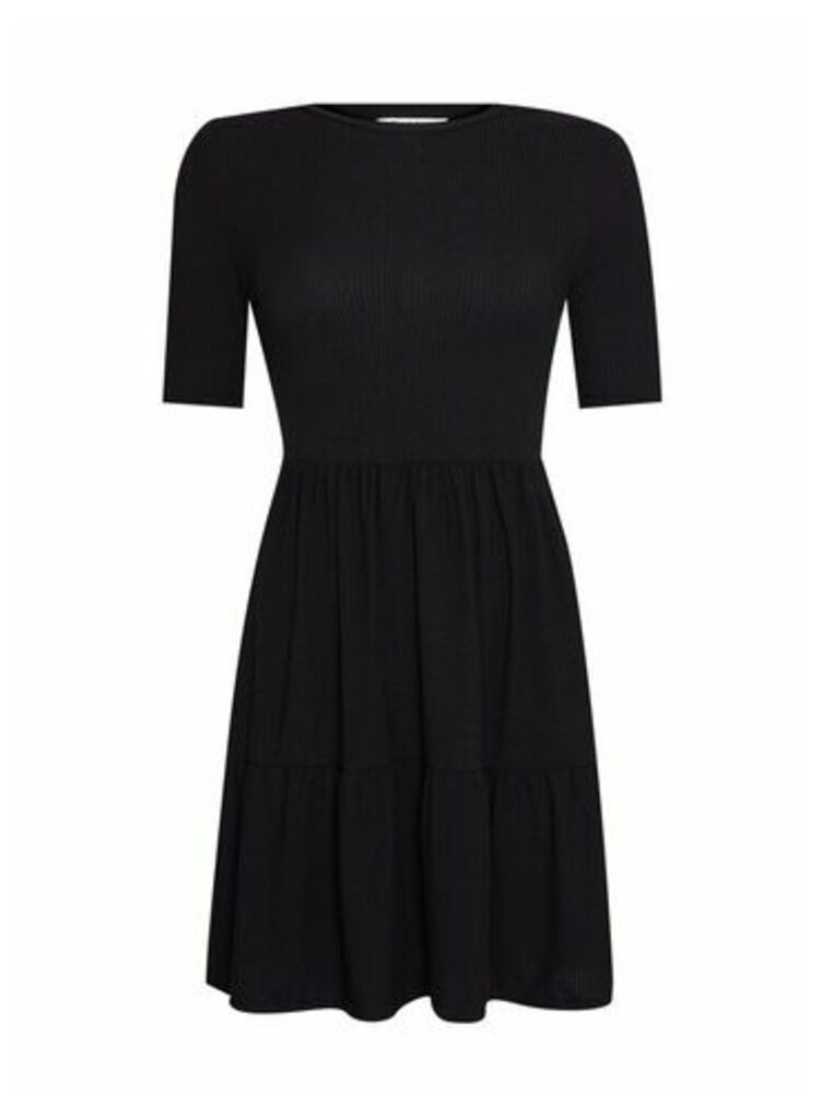 Womens Black Short Sleeve Rib Tiered Smock Dress, BLACK
