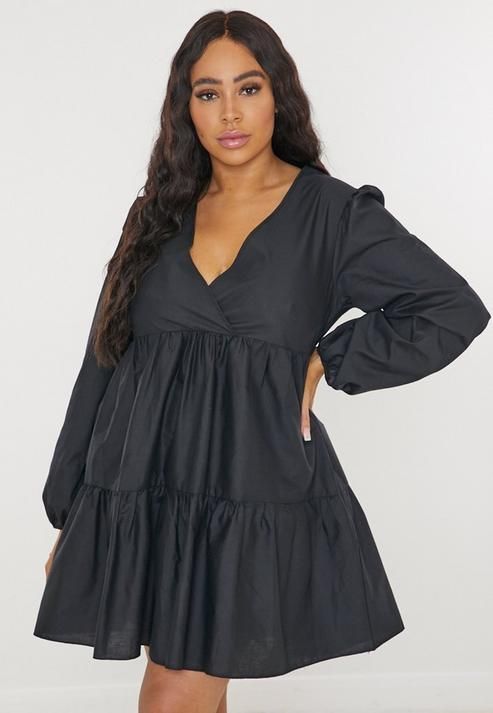 Plus Size Black V Neck Tiered Smock Dress, Black